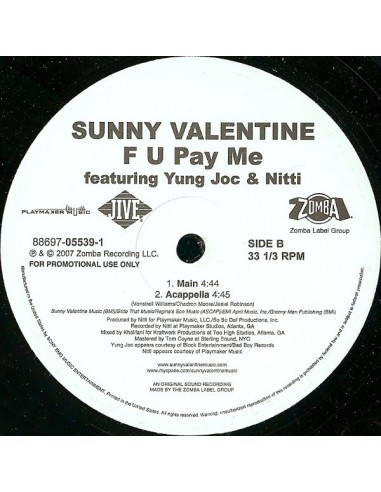 VINILO MX SUNNY VALENTINE F. YOUNG JOC & NITTI "F U PAY ME"